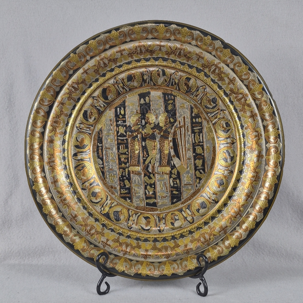 Vintage Egyptian Decorative Wall Plates Copper, Brass & Silver Inlay, Set of 2